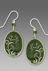 Light Pine Green Oval Earrings with Moss Green Art Nouveau Flower Filigree Overlay