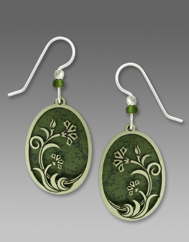 Light Pine Green Oval Earrings with Moss Green Art Nouveau Flower Filigree Overlay