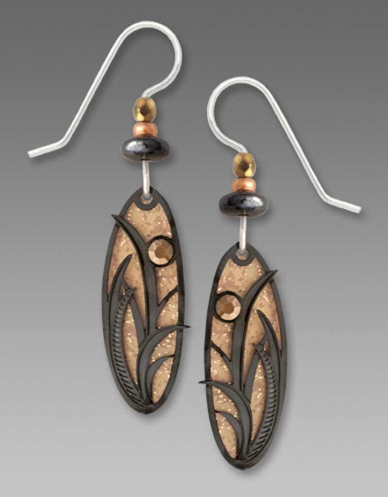 Sandstone Brown Oval Earrings with Hematite Reeds and Grasses and Brown Cabochon
