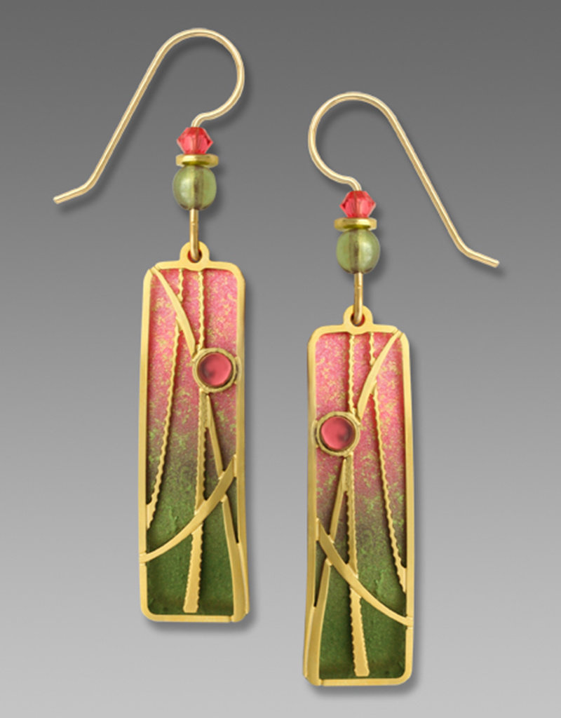 Olive and Sunset Pink Column Earrings with Gold Plated Reeds Overlay and Pink Cabochon