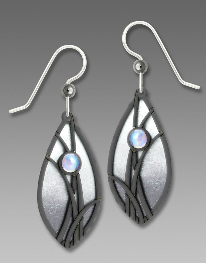 Gray and White Almond Shape Earrings with Hematite Grasses and Cabochon