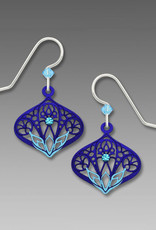 Dark Blue Moroccan-Style Filigree Drop Earrings with Aqua Lotus Design and Aqua Rhinestone