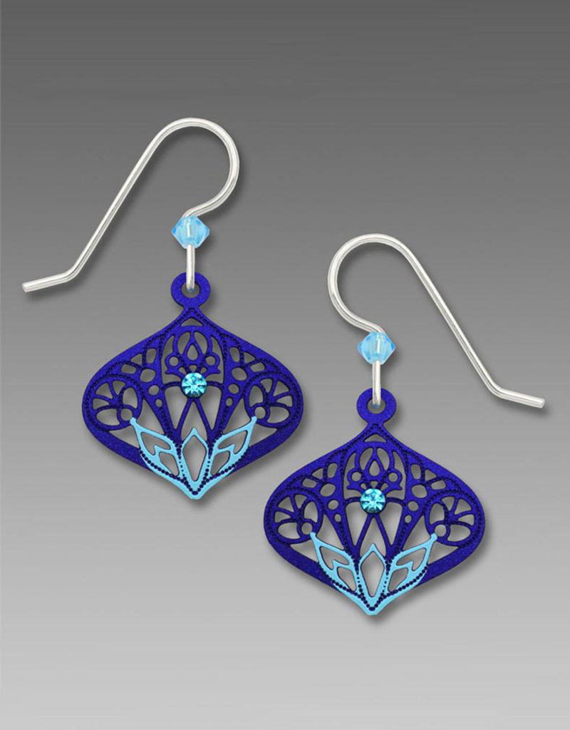 Dark Blue Moroccan-Style Filigree Drop Earrings with Aqua Lotus Design and Aqua Rhinestone