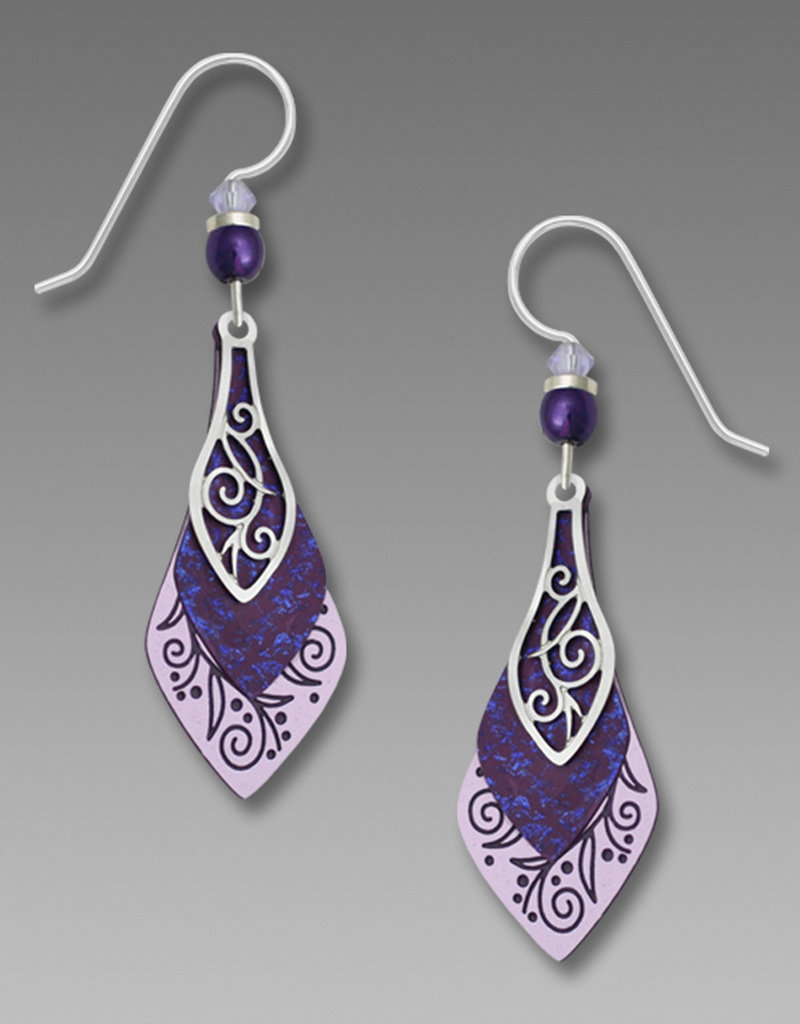 Necktie Trio Earrings with Floral Patterns in Lavender, Eggplant and Imitation Rhodium