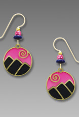 Two-Part Disk Earrings Hand Painted in Pink and Blue with Brass Mountain Overlay