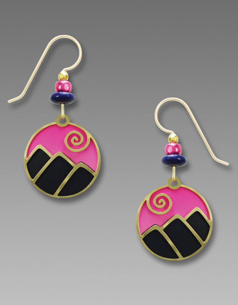 Two-Part Disk Earrings Hand Painted in Pink and Blue with Brass Mountain Overlay