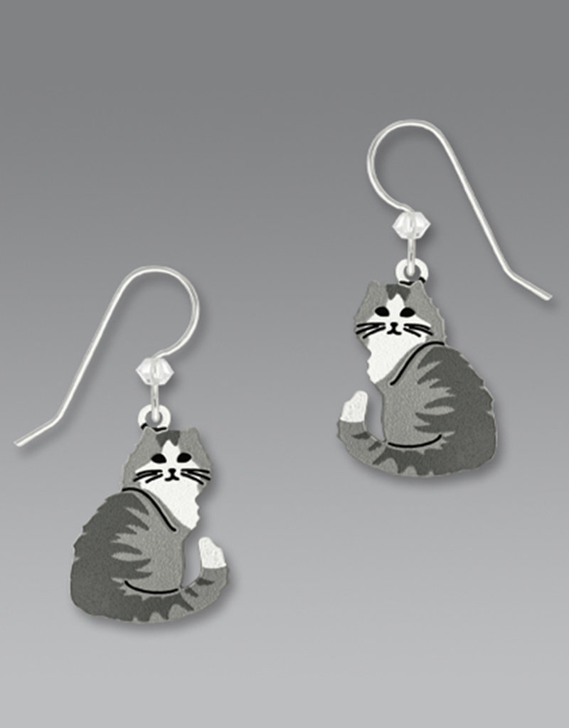 Long Haired Gray and White Tabby Cat Earrings