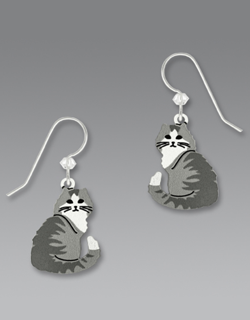 Long Haired Gray and White Tabby Cat Earrings684