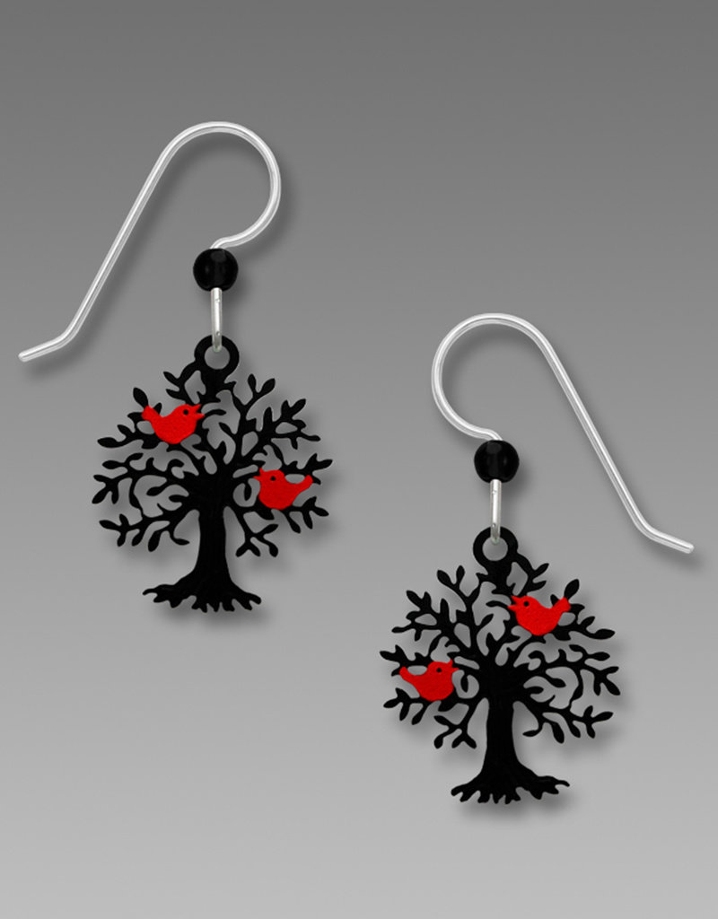 Hand-Painted Black Tree with Red Birds Earrings