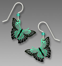 Aqua and Black Filigree Butterfly Earrings
