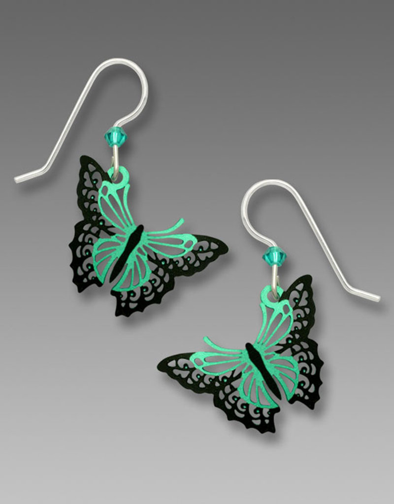 Aqua and Black Filigree Butterfly Earrings