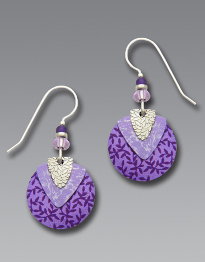Purple Disc and Violet Shield Earrings with Imitation Rhodium Leaf Shield Overlay