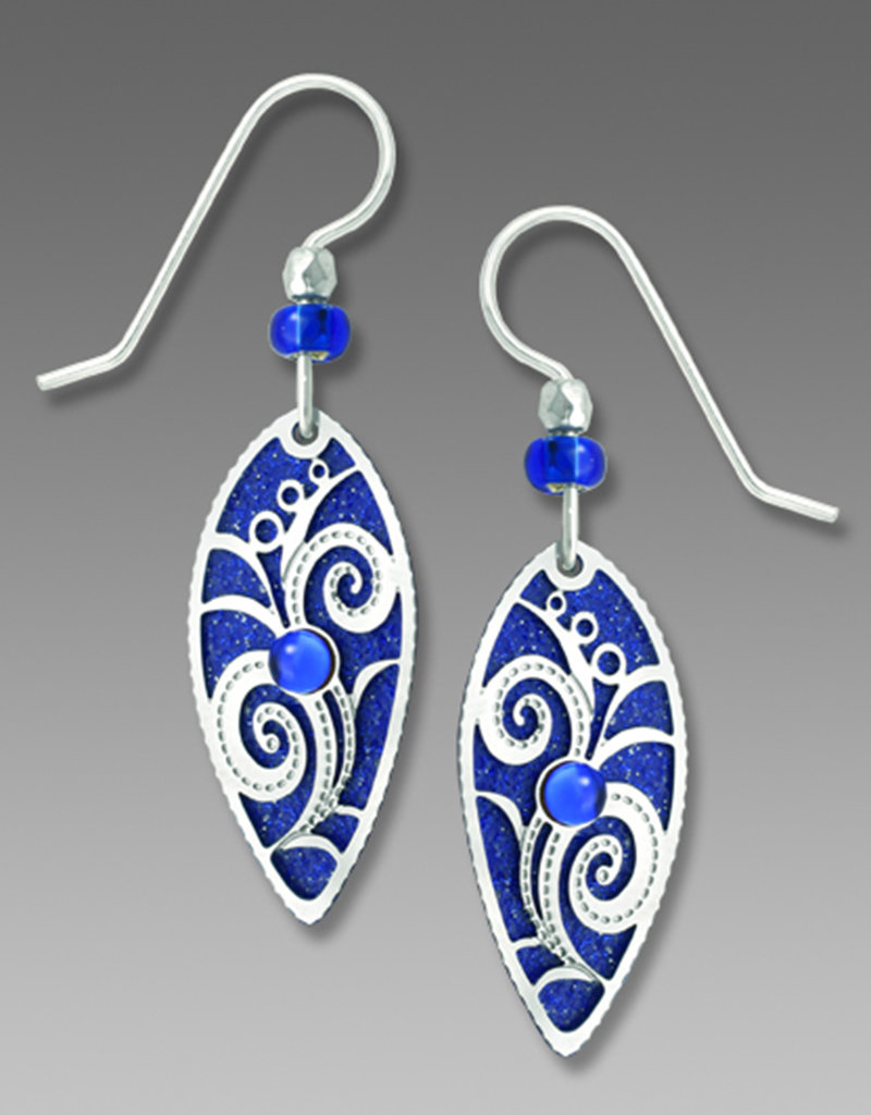 Royal Blue Pointed Oval Earrings with Imitation Rhodium Flowery Overlay and Cabochon