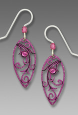 Radiant Orchid Magenta Leaf Shape Filigree with Tendrils Earrings and Light Amethyst Glass Cabochon