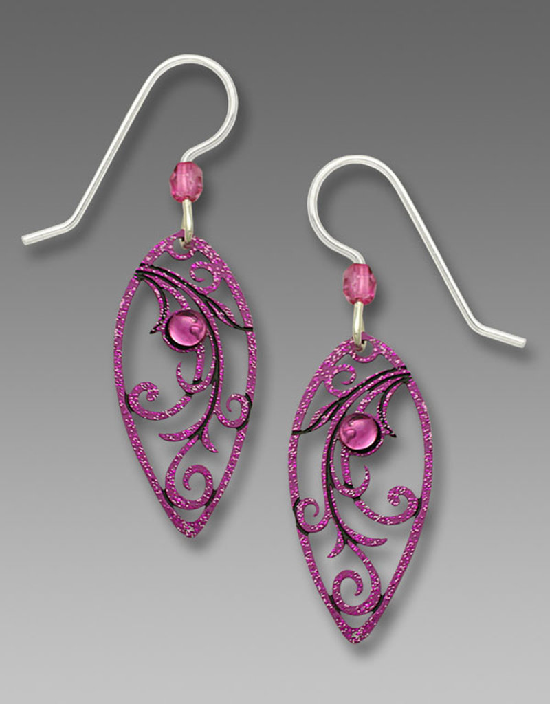 Radiant Orchid Magenta Leaf Shape Filigree with Tendrils Earrings and Light Amethyst Glass Cabochon