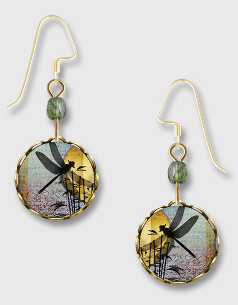 Brass Round Lace Earrings With Dragonfly Print