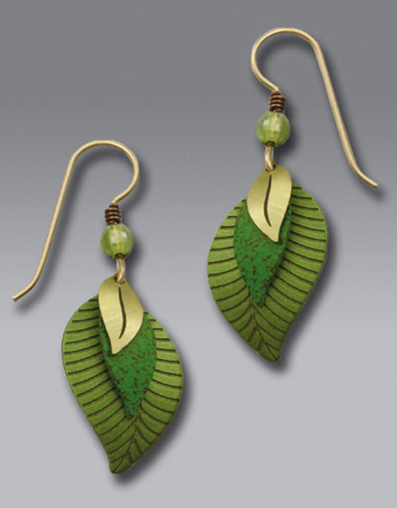 Three-Part Green and Brass Leaves Earrings