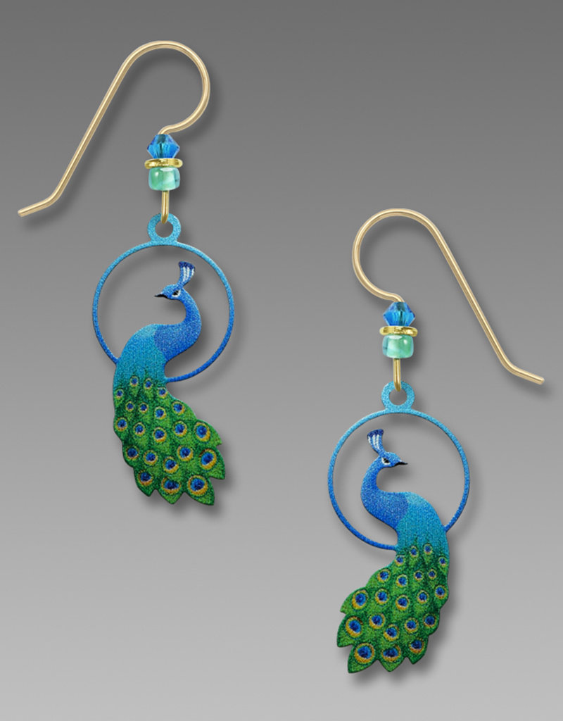 Etched Brass Peacock Earrings Printed in Blues and Greens