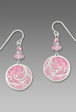 Bright Baby Pink Disc Earrings with Imitation Rhodium Tendrils Overlay