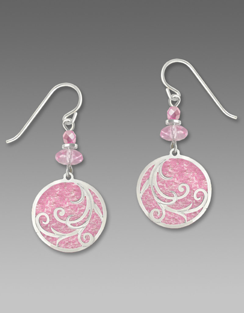 Bright Baby Pink Disc Earrings with Imitation Rhodium Tendrils Overlay