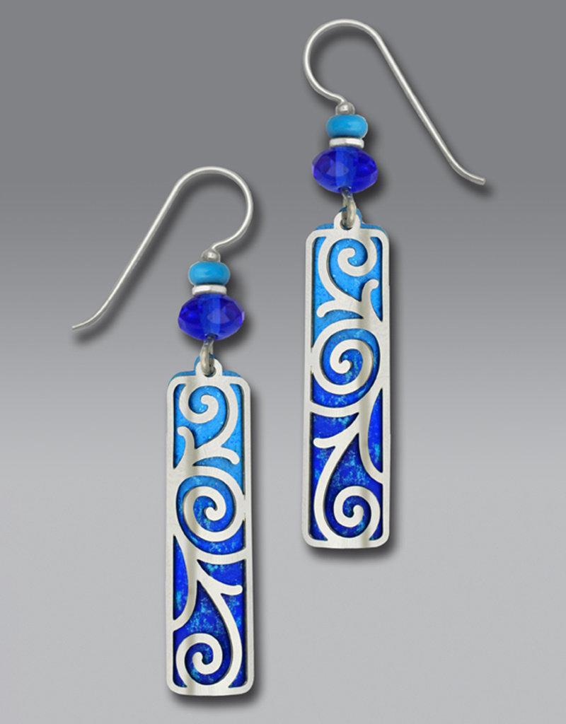 Intense Blue Cobalt Column Earrings with Imitation Rhodium Baroque Filigree Overlay