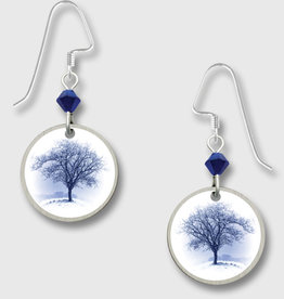 Disk Earrings with Blue Tree Print