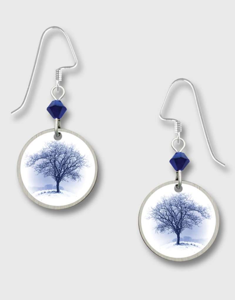 Disk Earrings with Blue Tree Print