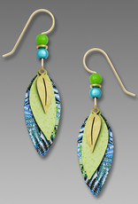 Three-Part Leaves Earrings in Gold Plate, Blue and Green with Fern Pattern
