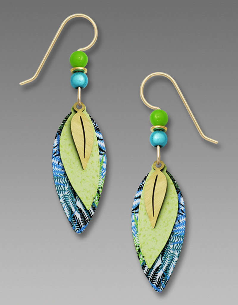 Three-Part Leaves Earrings in Gold Plate, Blue and Green with Fern Pattern