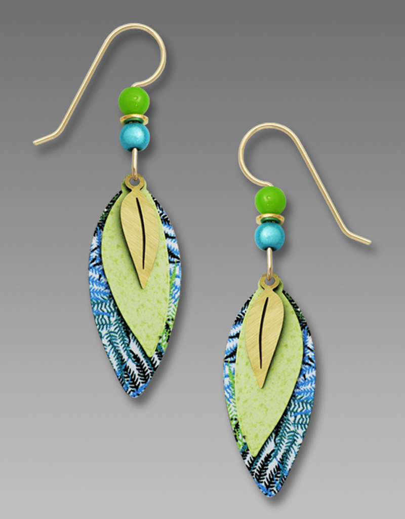 Three-Part Leaves Earrings in Blue & Green