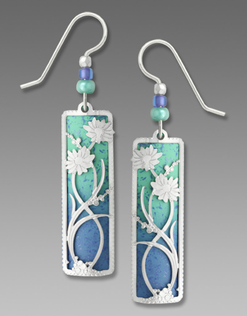 Periwinkle and Turquoise Column Earrings with Imitation Rhodium Daisies Overlay