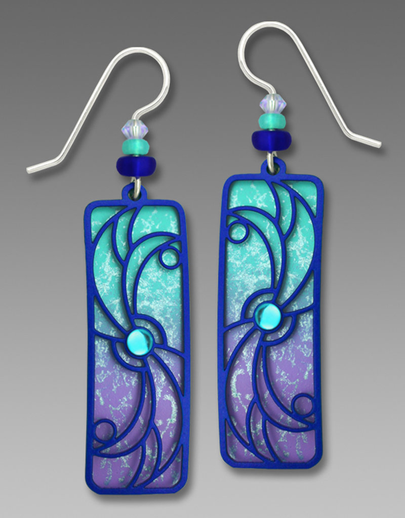 Aqua & Violet Ombre Column Earrings with Royal Blue Whorl Design and Cabochon
