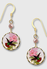 Brass Lace Disk Earrings with Hummingbird and Lily Print