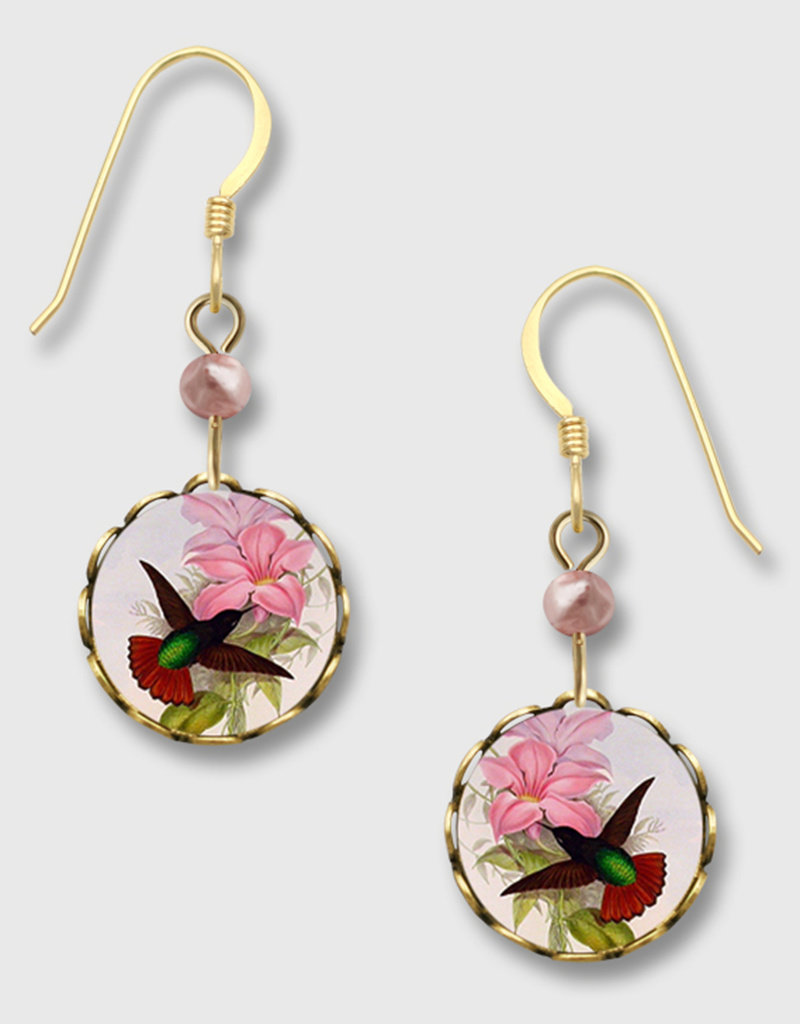 Brass Lace Disk Earrings with Hummingbird and Lily Print
