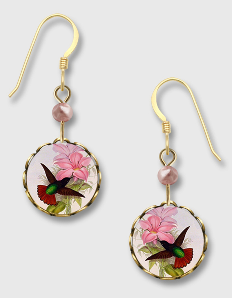 Disk Earrings With Hummingbird and Lily Print