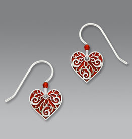Red Heart Earrings with Silver Filigree Overlay
