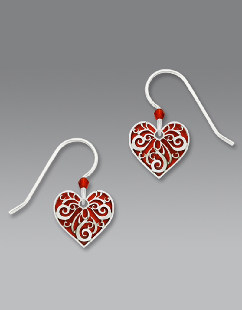 Red Heart Earrings with Silver Filigree Overlay