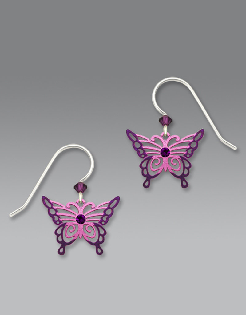 Purple and Pink Filigree Butterfly Earrings with Crystal
