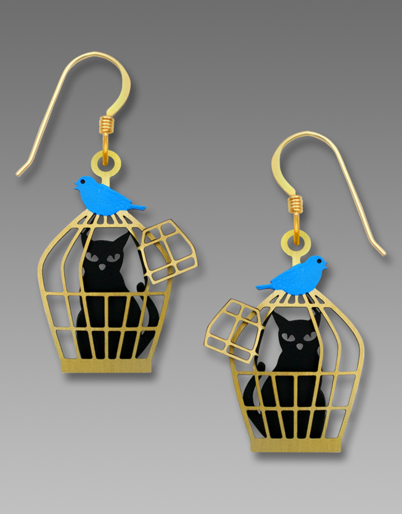Cat in Cage with Bluebird Earrings