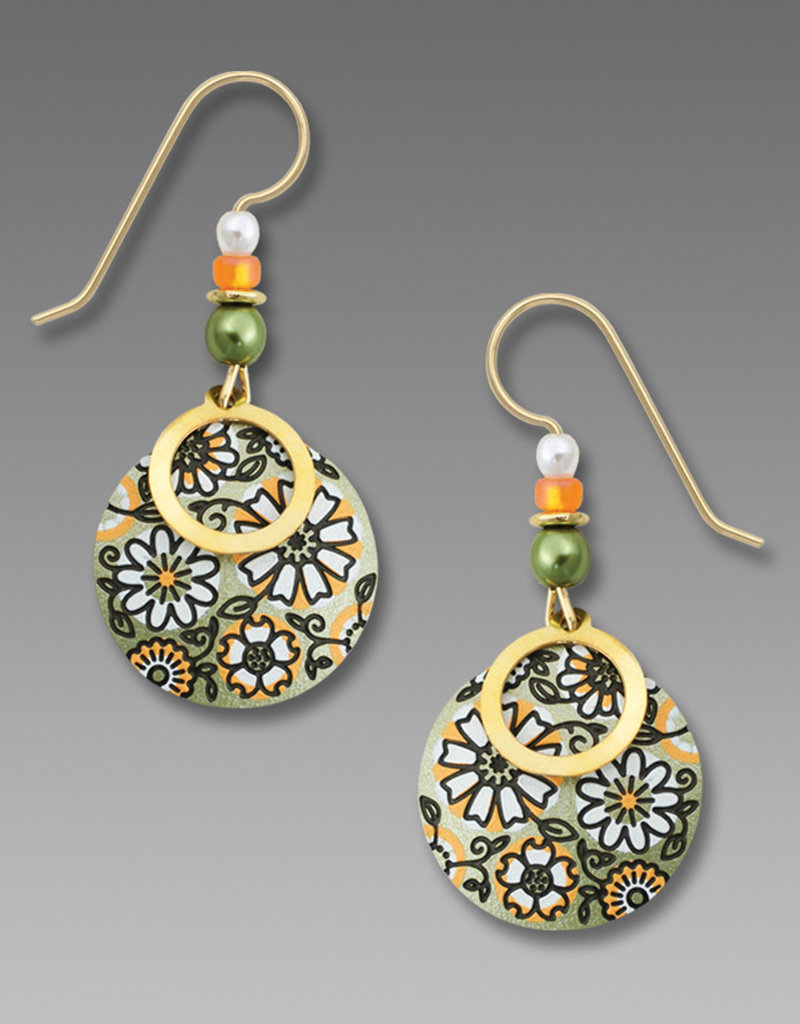 Gold Plated Circle Over Soft Olive and Apricot Retro Floral Disk