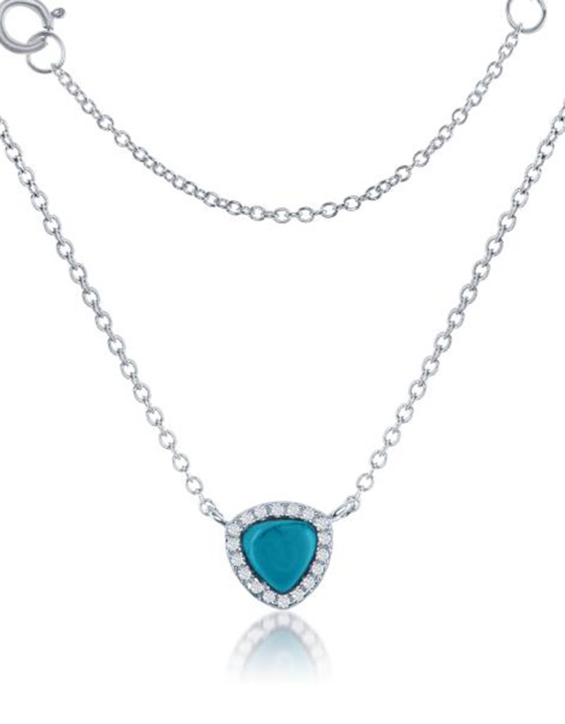 Sterling Silver Triangle Synthetic Turquoise and CZ Necklace 16"+2" Extender
