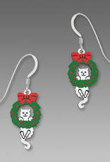 White Kitten Hanging from Wreath Earrings