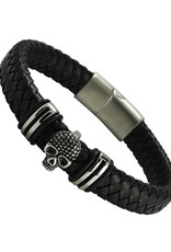 Men's Black Leather with Stainless Steel Skull Bracelet 9"