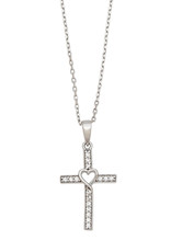 Sterling Silver CZ Cross with Heart Necklace 18"