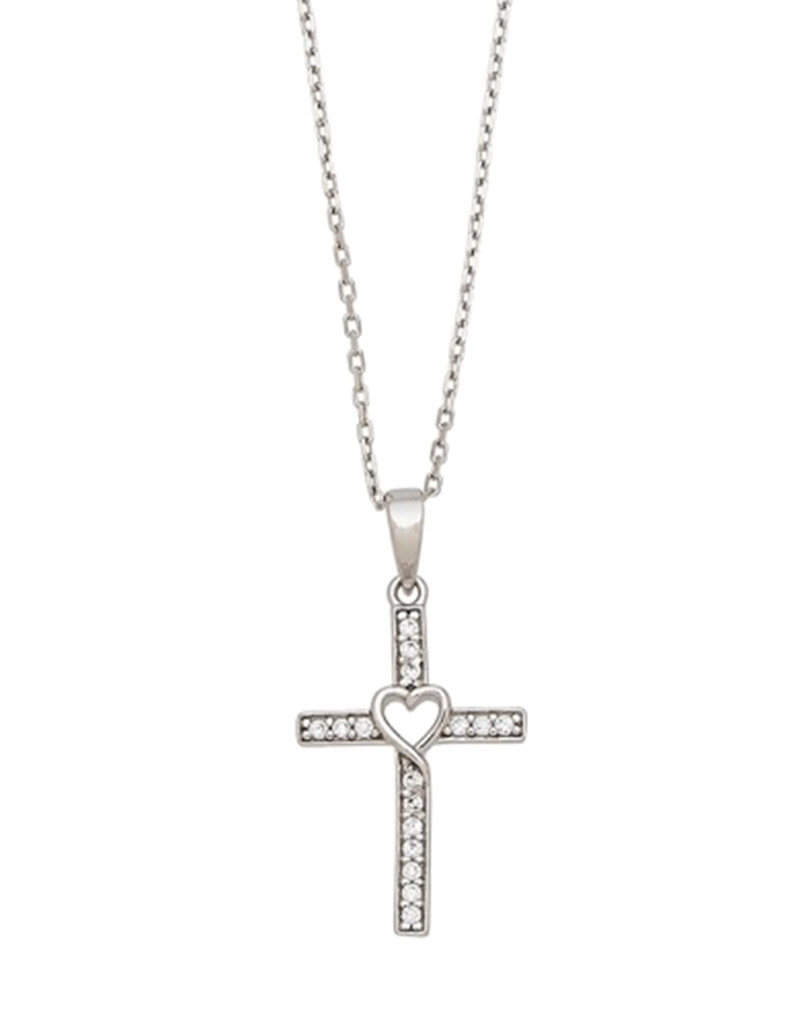 Sterling Silver CZ Cross with Heart Necklace 18"