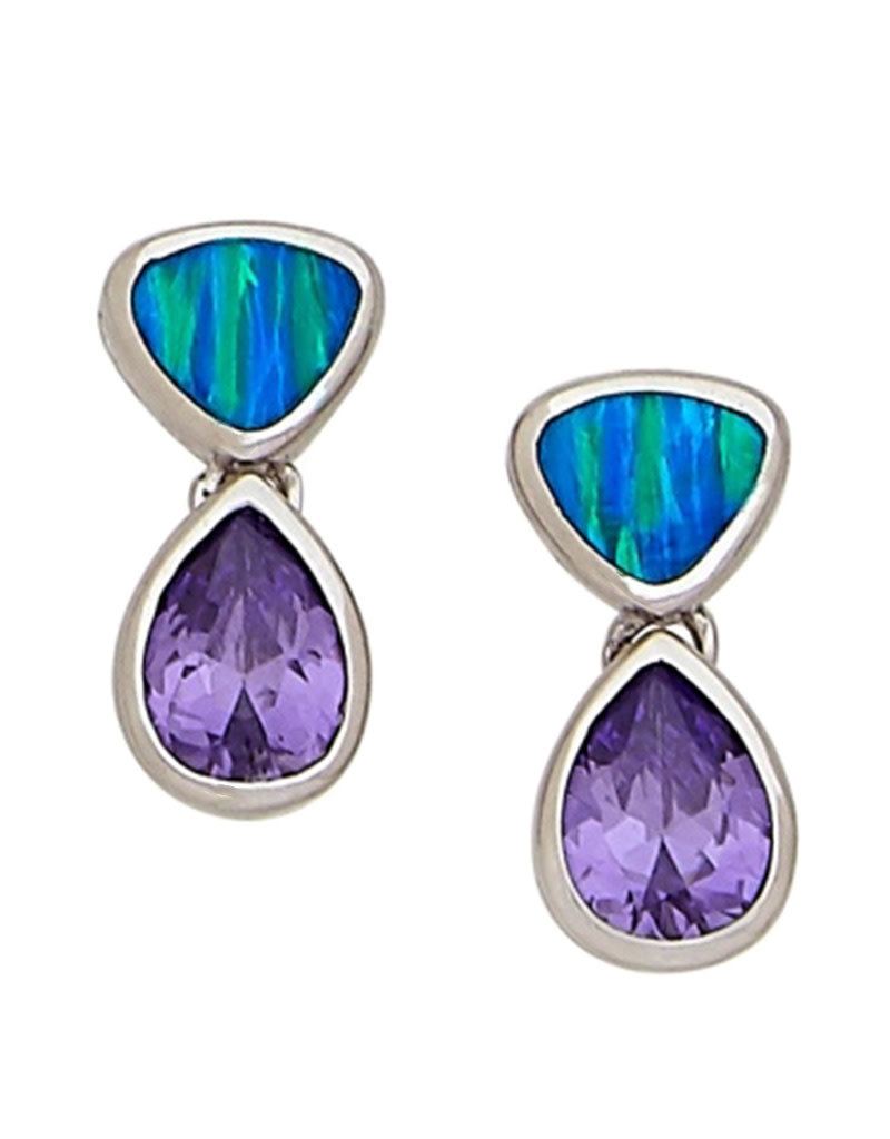 Sterling Silver Synthetic Opal and Purple CZ Post Earrings