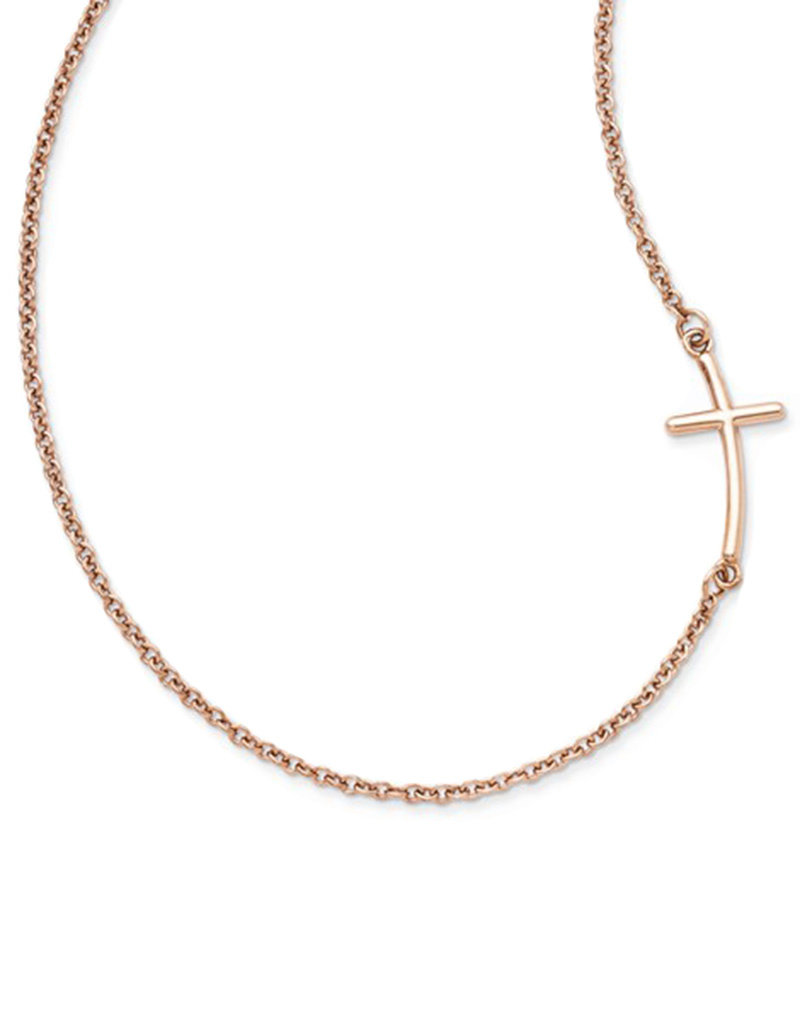 Sterling Silver Sideways Curved Cross Necklace with 14k Rose Gold Vermeil Finish