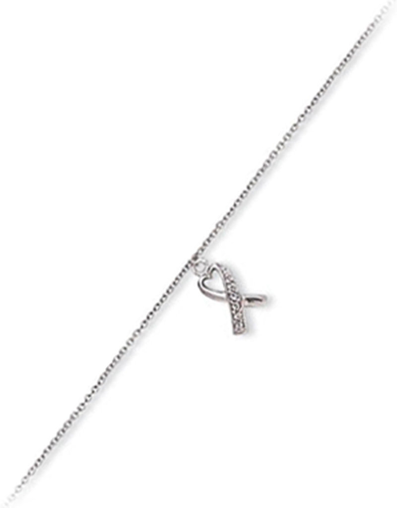 Sterling Silver Heart Ribbon Cubic Zirconia Anklet 9"+1" Extender