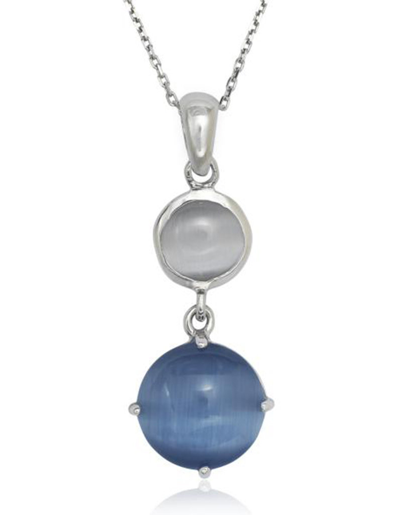 Sterling Silver Round Blue Cat's Eye Necklace 17"+3" Extender
