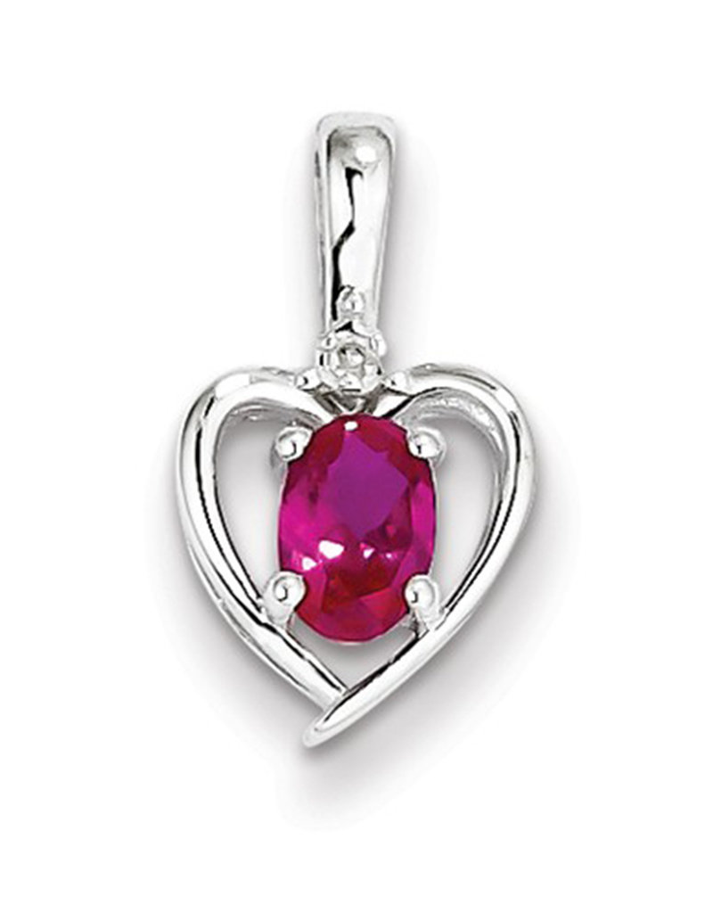 Sterling Silver Heart with Synthetic Ruby and Diamond Necklace 18"